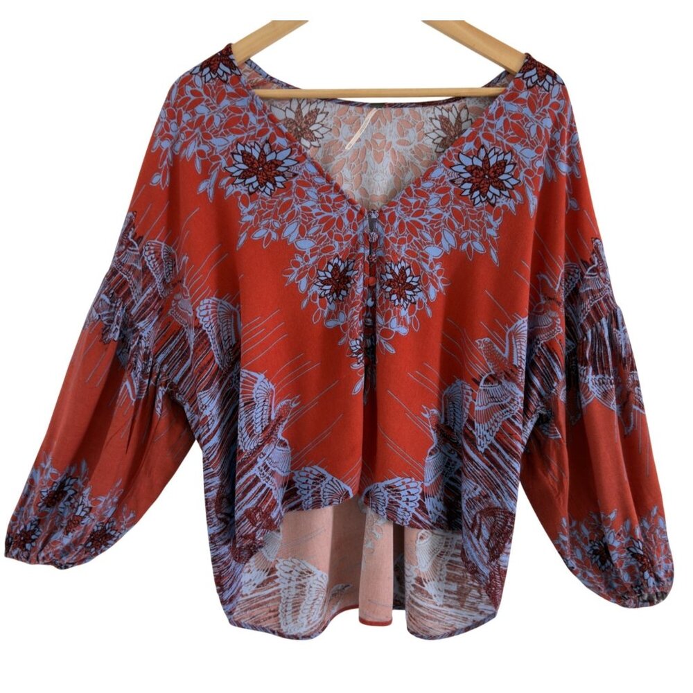Free People Birds of a Feather Redโ & Blue Floral Printed V-Neck Blouse XS